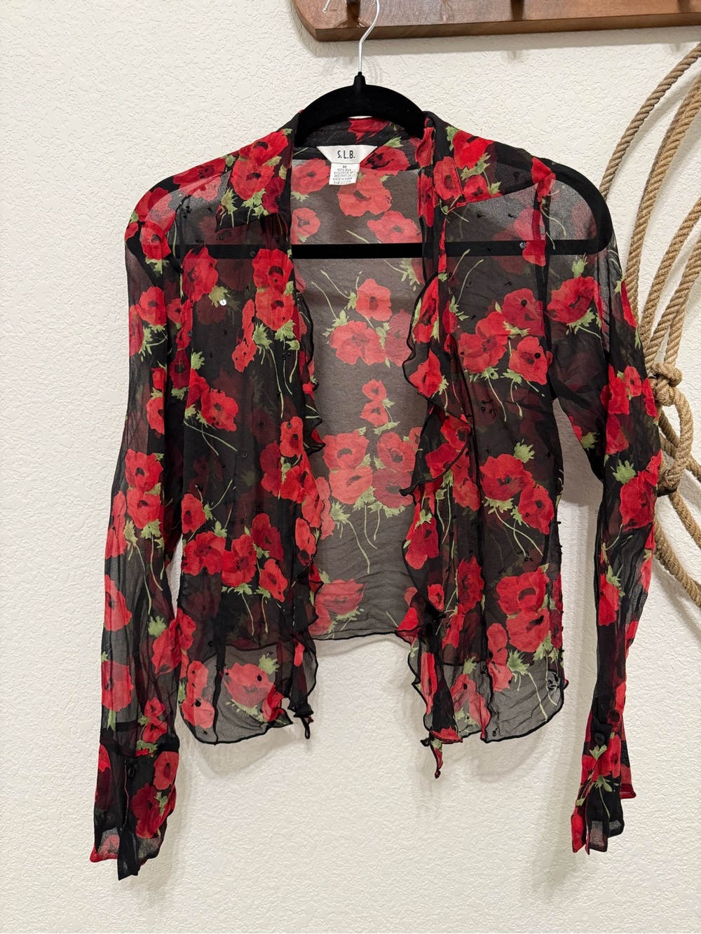 Vintage 90s S.L.B. 100% Silk Red Poppy Ruffle Sheer Cardigan ✨